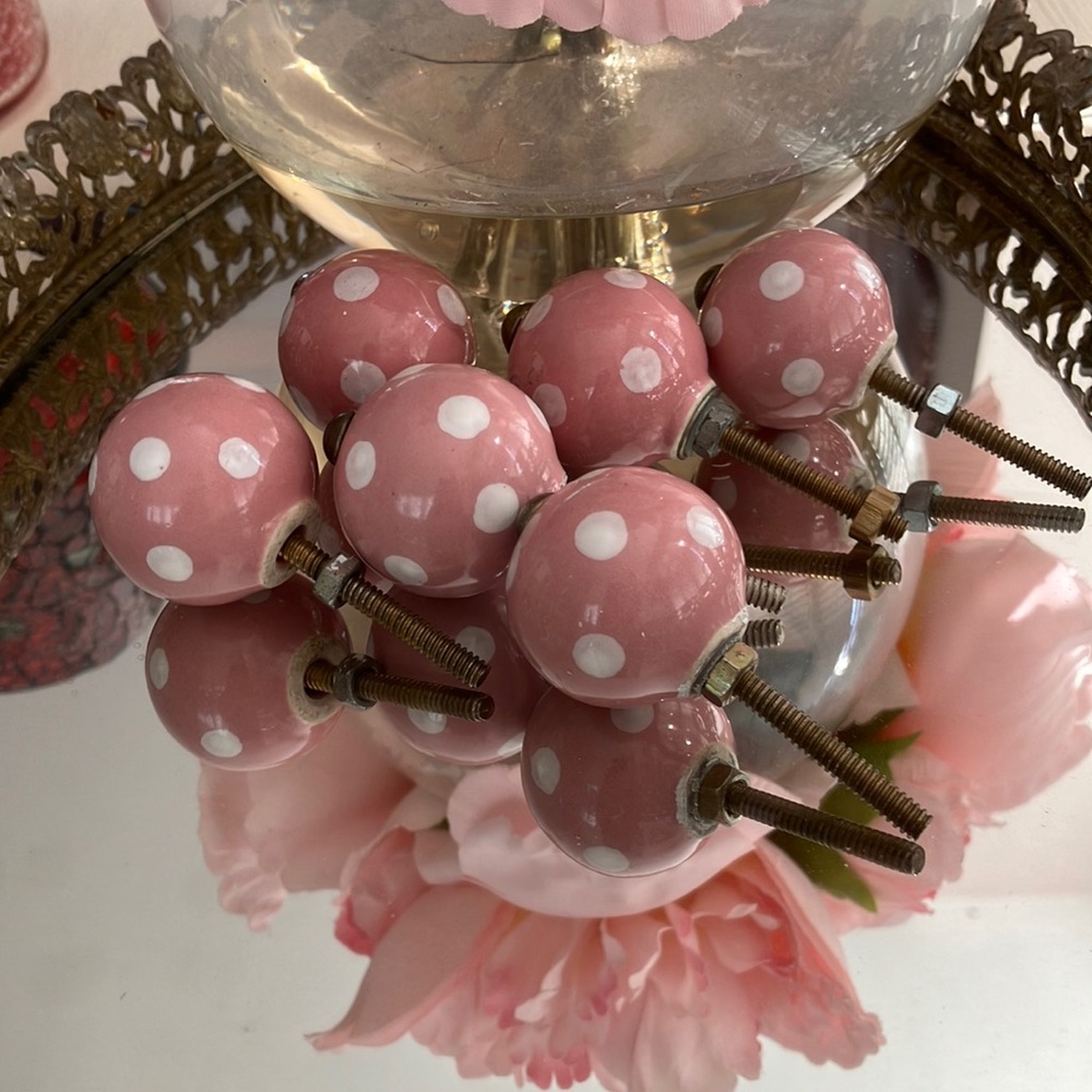Ceramic Drawer Pulls, White Polka Dots on Pink Background. Set of 6